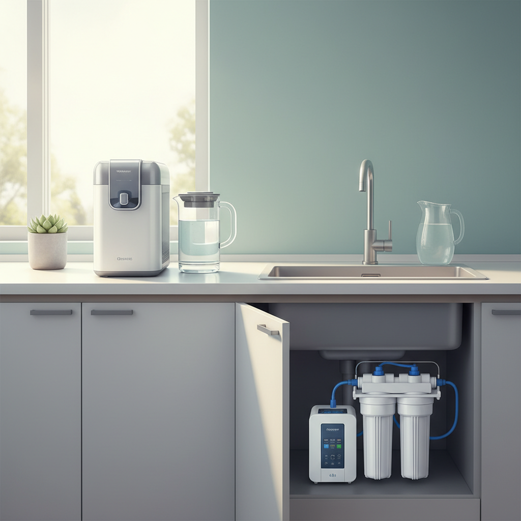 Hình minh họa chủ đề Bình lọc nước để bàn hay âm tủ tốt hơn