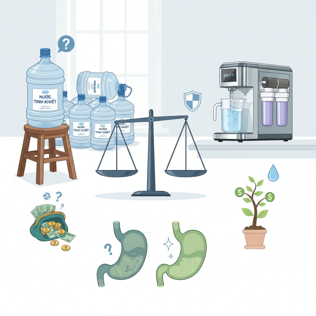 Hình minh họa chủ đề Nước Đóng Bình 20L Giá Rẻ Hay Đầu Tư Máy Lọc Nước Tự Động: Bài Toán Kinh Tế Và Rủi Ro Tiềm Ẩn Tới Hệ Tiêu Hóa