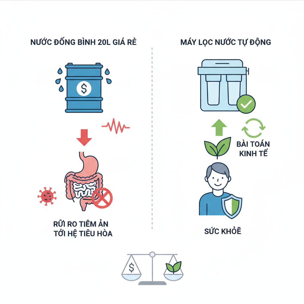 Infographic tóm tắt nội dung về Nước Đóng Bình 20L Giá Rẻ Hay Đầu Tư Máy Lọc Nước Tự Động: Bài Toán Kinh Tế Và Rủi Ro Tiềm Ẩn Tới Hệ Tiêu Hóa