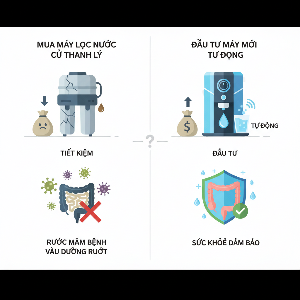 Infographic tóm tắt nội dung về Mua Máy Lọc Nước Cũ Thanh Lý Hay Đầu Tư Máy Mới Tự Động: Bài Toán Tiết Kiệm Hay Rước Mầm Bệnh Vào Đường Ruột?
